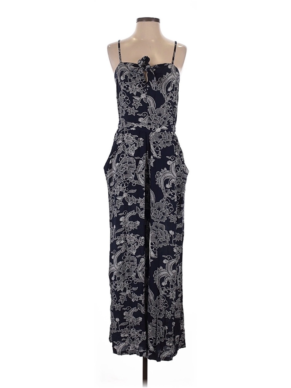 Roxy Navy Floral Tie-Front Spaghetti-Strap Jumpsuit